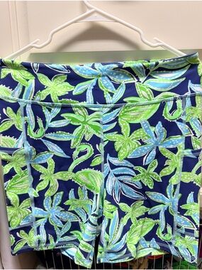 Lilly Pulitzer Navy Floral Bike Shorts with Green & Aqua Leaves
